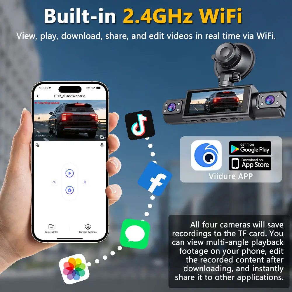 360° Surround View 4 Channel Dash Cam , 1080P FHD , 3.18" IPS Display, Built-In 2.4Ghz Wifi App Control, WDR, Loop Recording, Reverse Assist, 4 Lens Front Rear inside Left Right Car Driving Recorder, Car Security Camera,, Full Panoramic Car Recorder-Yy