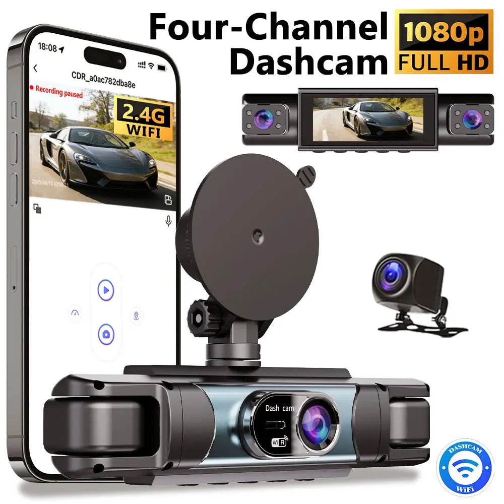 360° Surround View 4 Channel Dash Cam , 1080P FHD , 3.18" IPS Display, Built-In 2.4Ghz Wifi App Control, WDR, Loop Recording, Reverse Assist, 4 Lens Front Rear inside Left Right Car Driving Recorder, Car Security Camera,, Full Panoramic Car Recorder-Yy