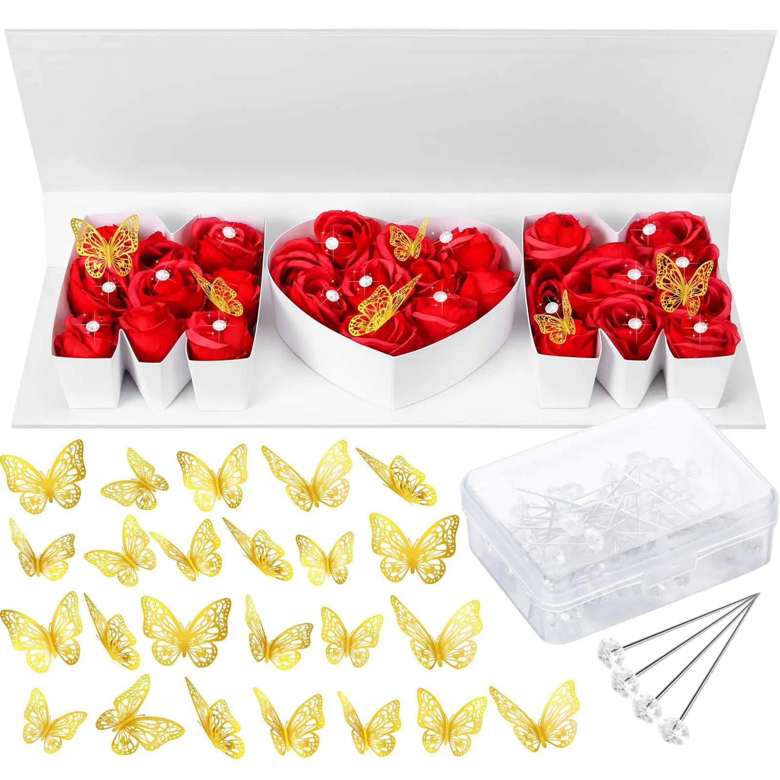 Mother'S Day MOM Empty Flower Gift Box Letter Shaped Fillable MOM Gift Box with Plastic Liners 24 Gold Butterfly Decor 50 Bouquet Flower Pins DIY Craft Gift Set for Valentine Birthday