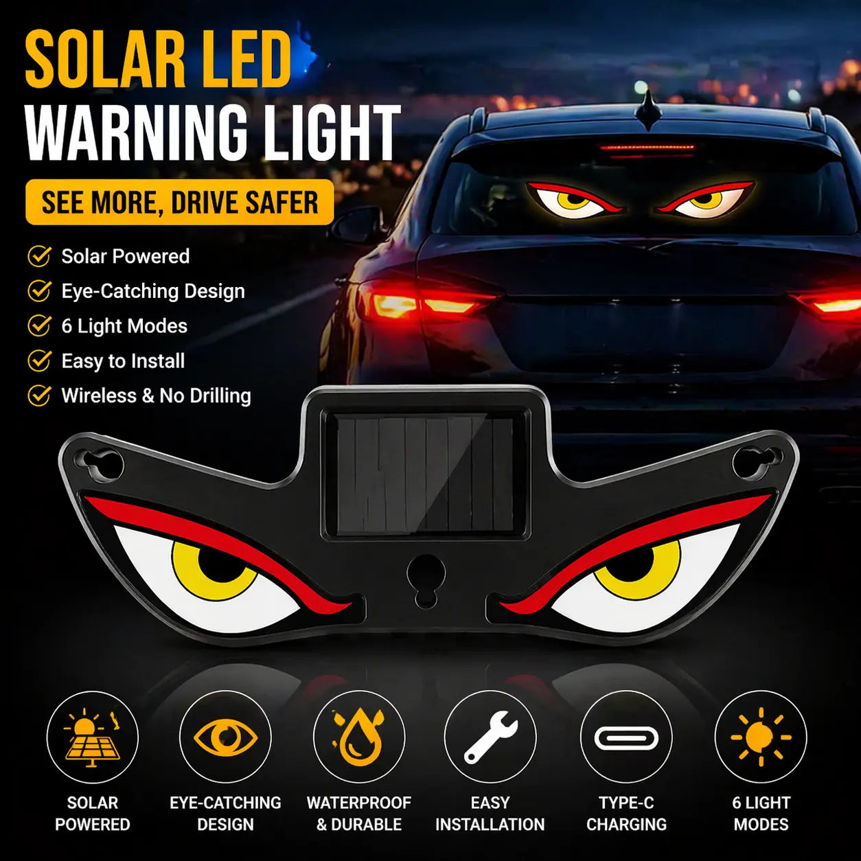 DIYCOM Dynamic LED Car Rear Window Display – Vampire Devil Eye Emoji Panel, Programmable Scrolling Message Screen, USB Powered Auto Decorative Light for Night Driving, Funny Car Accessory