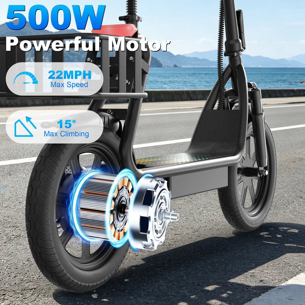 Electric Scooter for Adults with Seat,48V 10.4Ah Battery, Top Speed 22 Mph, Driving Range 21-27 Miles, Pet-Friendly Design with Rear Basket