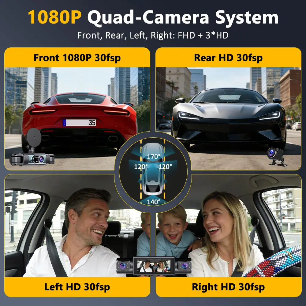 360° Surround View 4 Channel Dash Cam , 1080P FHD , 3.18" IPS Display, Built-In 2.4Ghz Wifi App Control, WDR, Loop Recording, Reverse Assist, 4 Lens Front Rear inside Left Right Car Driving Recorder, Car Security Camera,, Full Panoramic Car Recorder-Yy