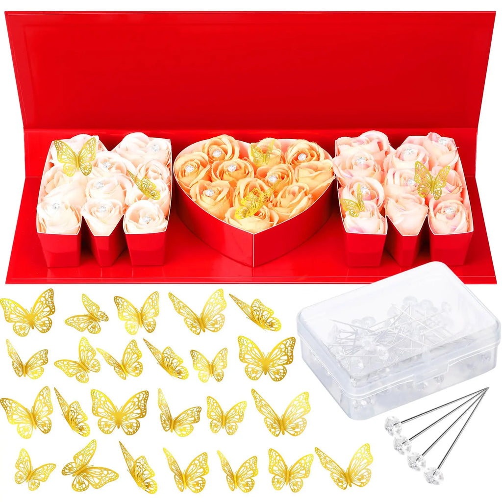 Mother'S Day MOM Empty Flower Gift Box Letter Shaped Fillable MOM Gift Box with Plastic Liners 24 Gold Butterfly Decor 50 Bouquet Flower Pins DIY Craft Gift Set for Valentine Birthday