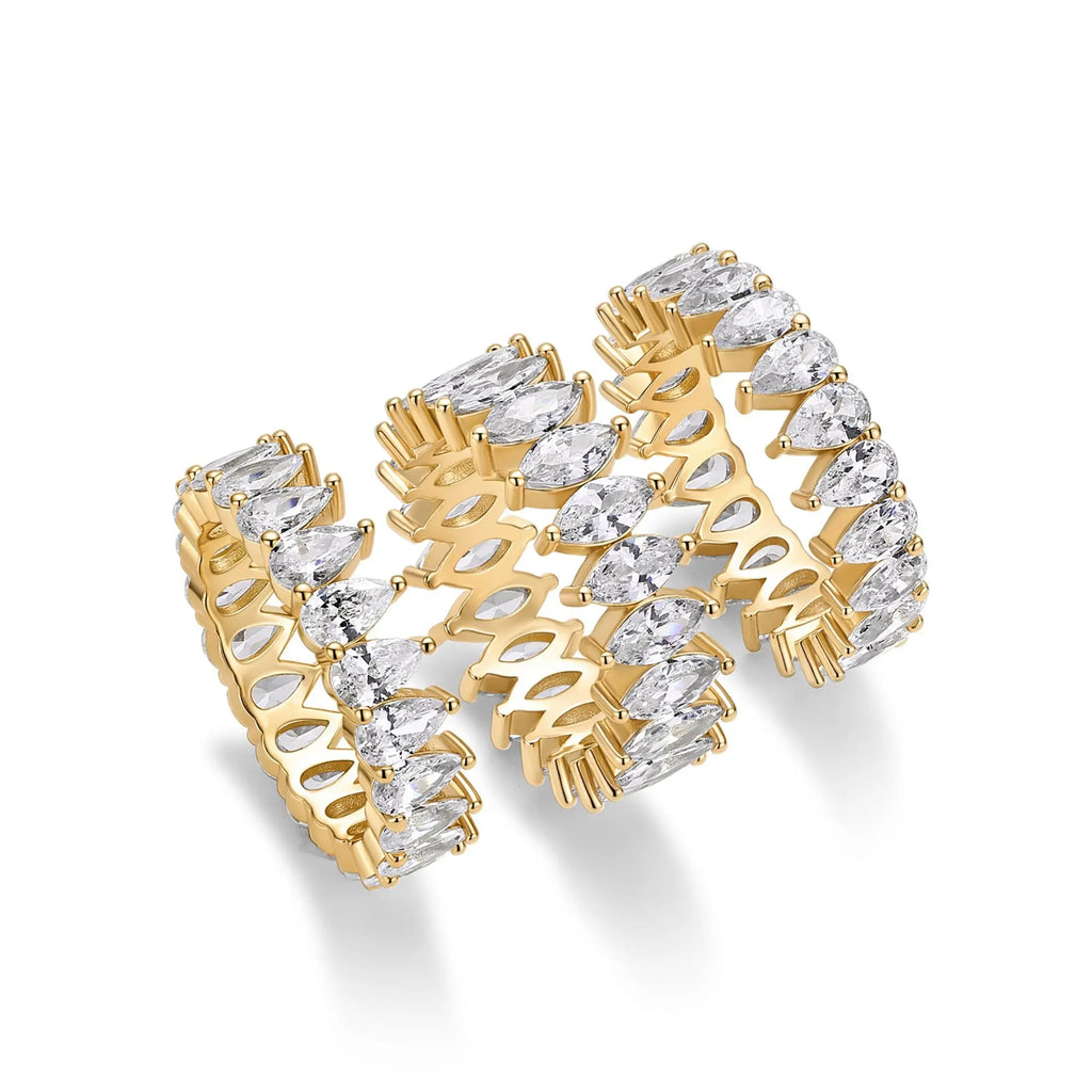 PAVOI 14K Gold Plated Eternity Ring Set - 3 Ring Pack Stackable Wedding Bands for Women with Cubic Zirconia - Pear & Oval CZ Eternity Band - Statement Bridal Jewelry Wedding Rings