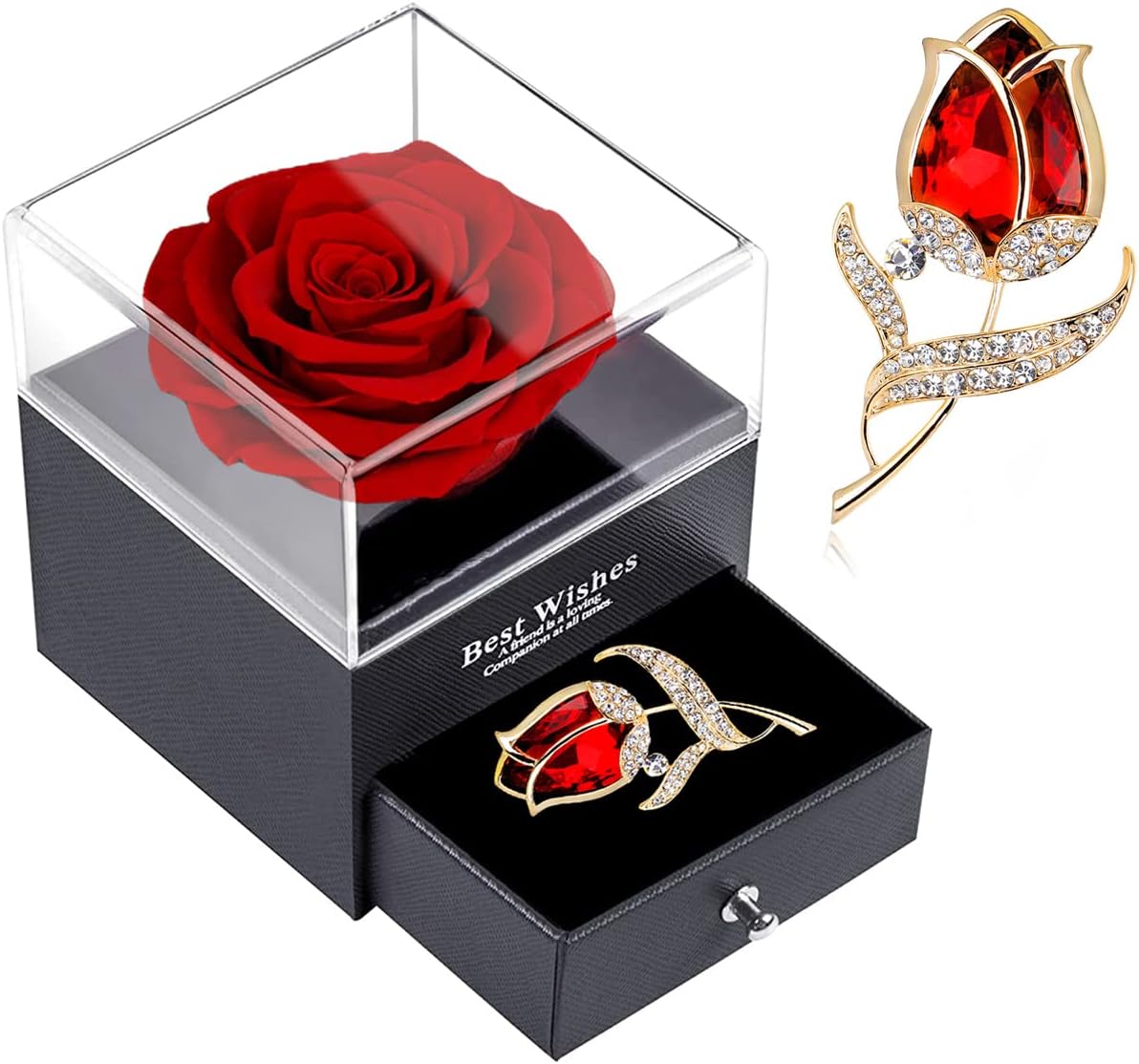 Enchanting Preserved Red Rose Gift Box - Eternal Love with Ruby Brooch, Perfect for Special Occasions and Thoughtful Gifting