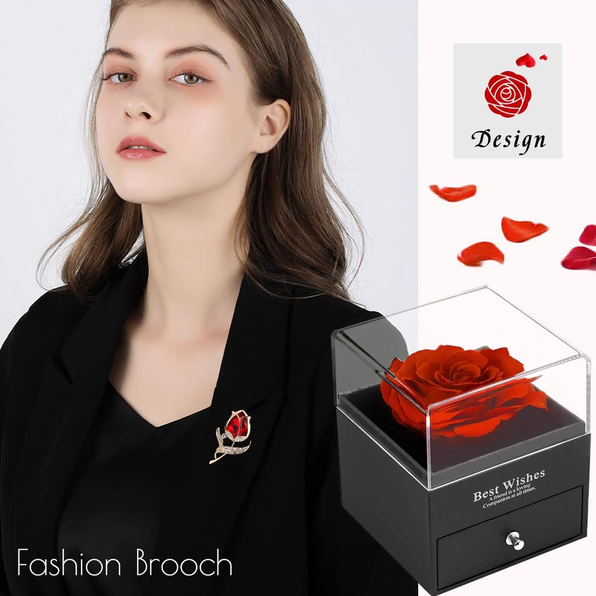 Enchanting Preserved Red Rose Gift Box - Eternal Love with Ruby Brooch, Perfect for Special Occasions and Thoughtful Gifting