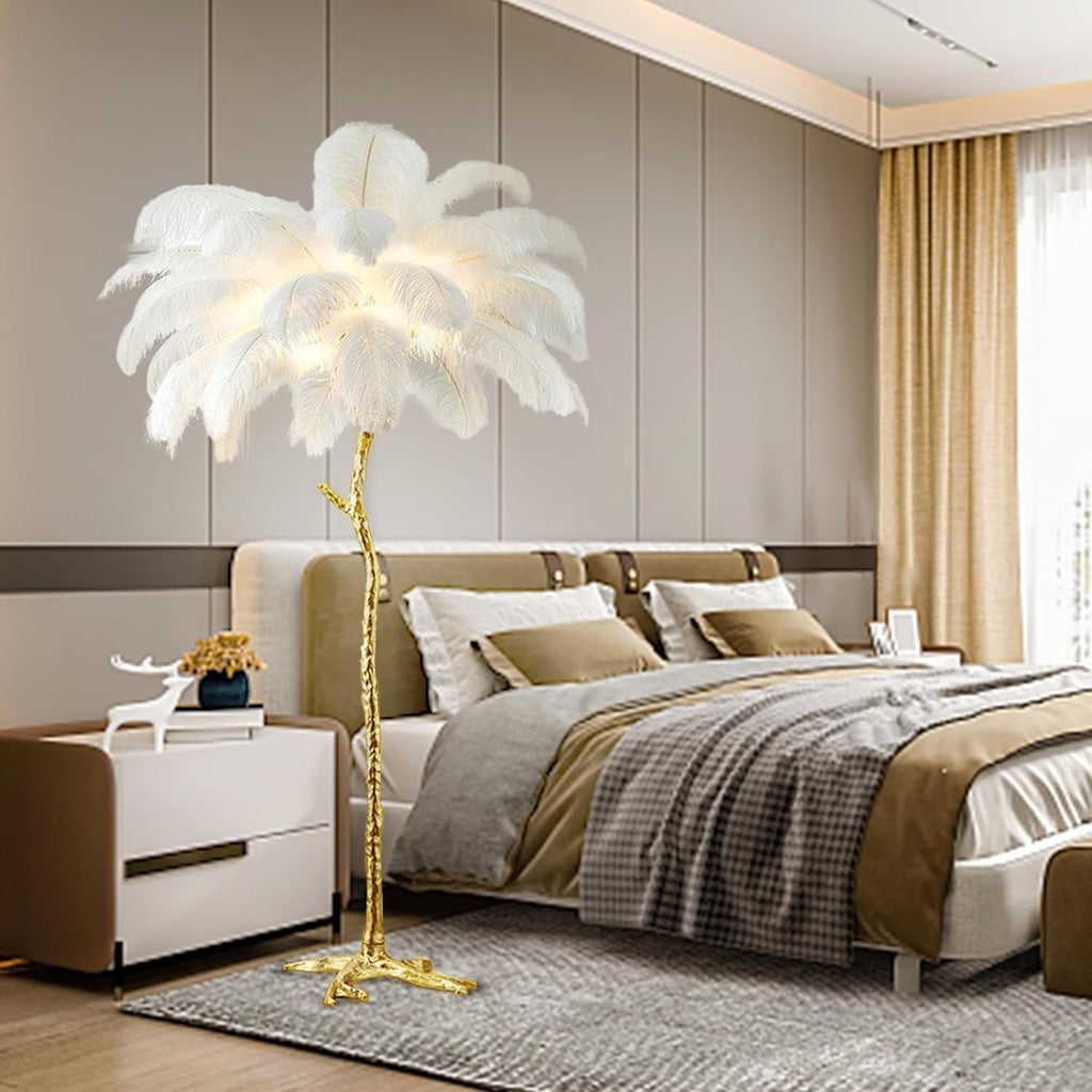 White Ostrich Feather Floor Lamp, Luxury Resin Ostrich Feather Lamp,Romantic Standing Lamp for Living Room Sofa Bedside Bedroom and Office(New)
