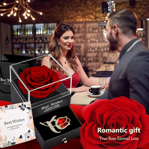 Enchanting Preserved Red Rose Gift Box - Eternal Love with Ruby Brooch, Perfect for Special Occasions and Thoughtful Gifting