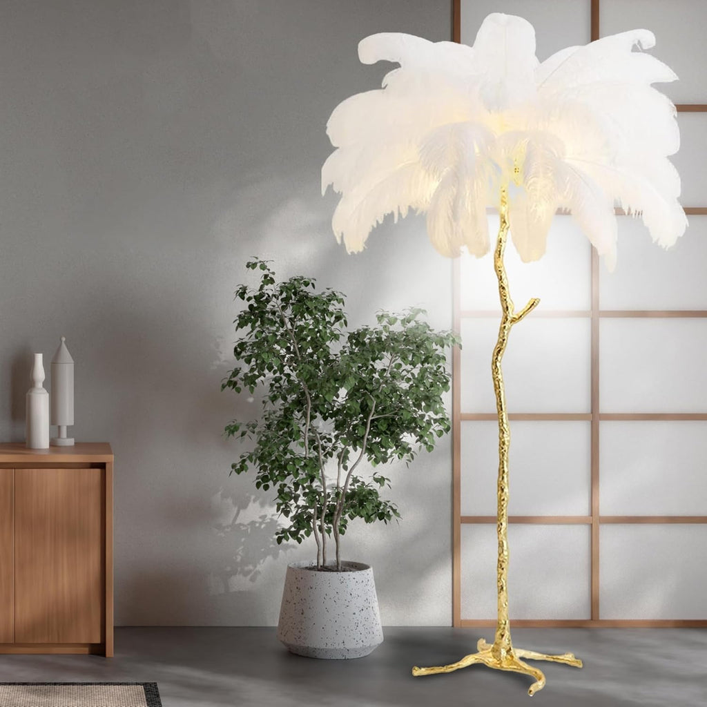 White Ostrich Feather Floor Lamp, Luxury Resin Ostrich Feather Lamp,Romantic Standing Lamp for Living Room Sofa Bedside Bedroom and Office(New)