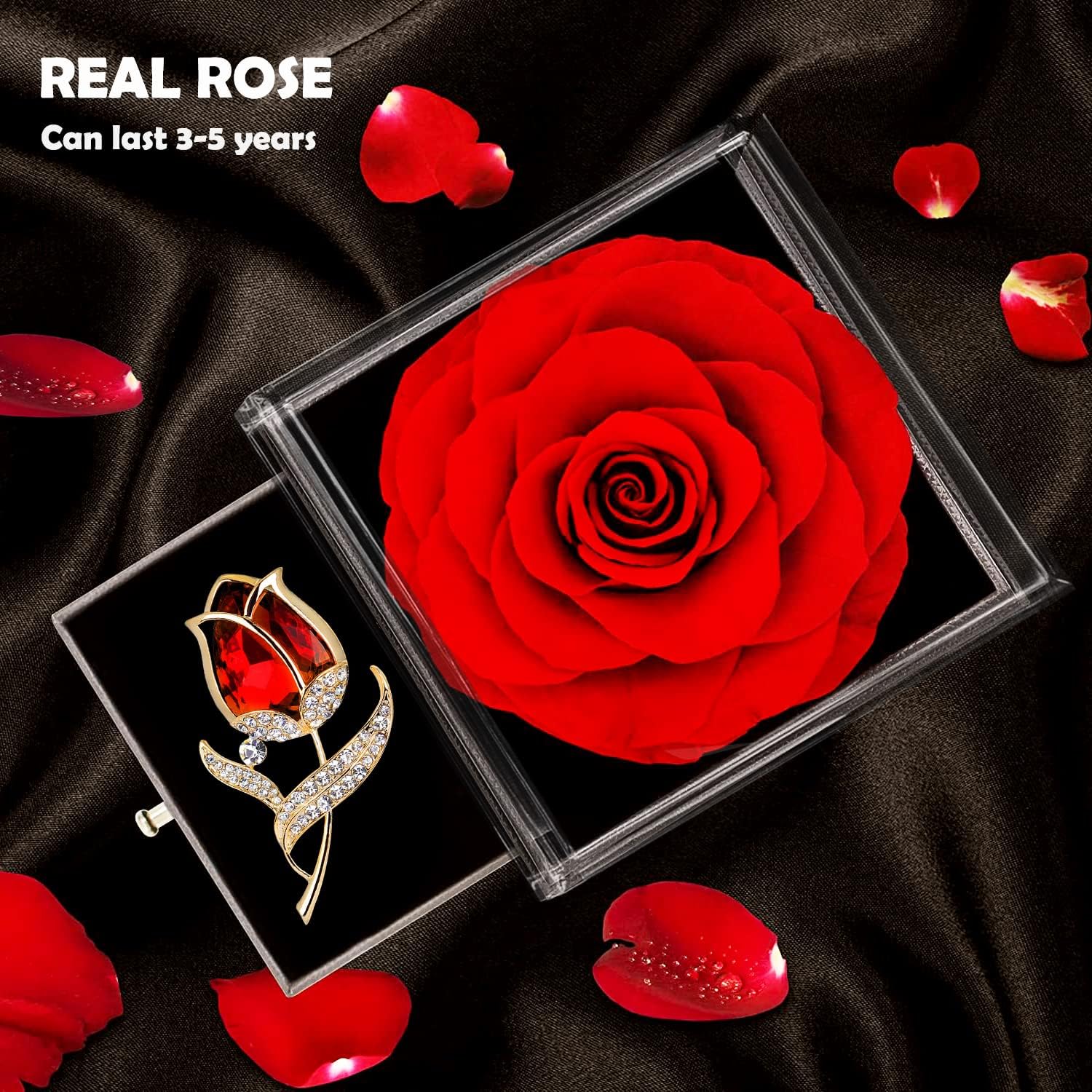 Enchanting Preserved Red Rose Gift Box - Eternal Love with Ruby Brooch, Perfect for Special Occasions and Thoughtful Gifting