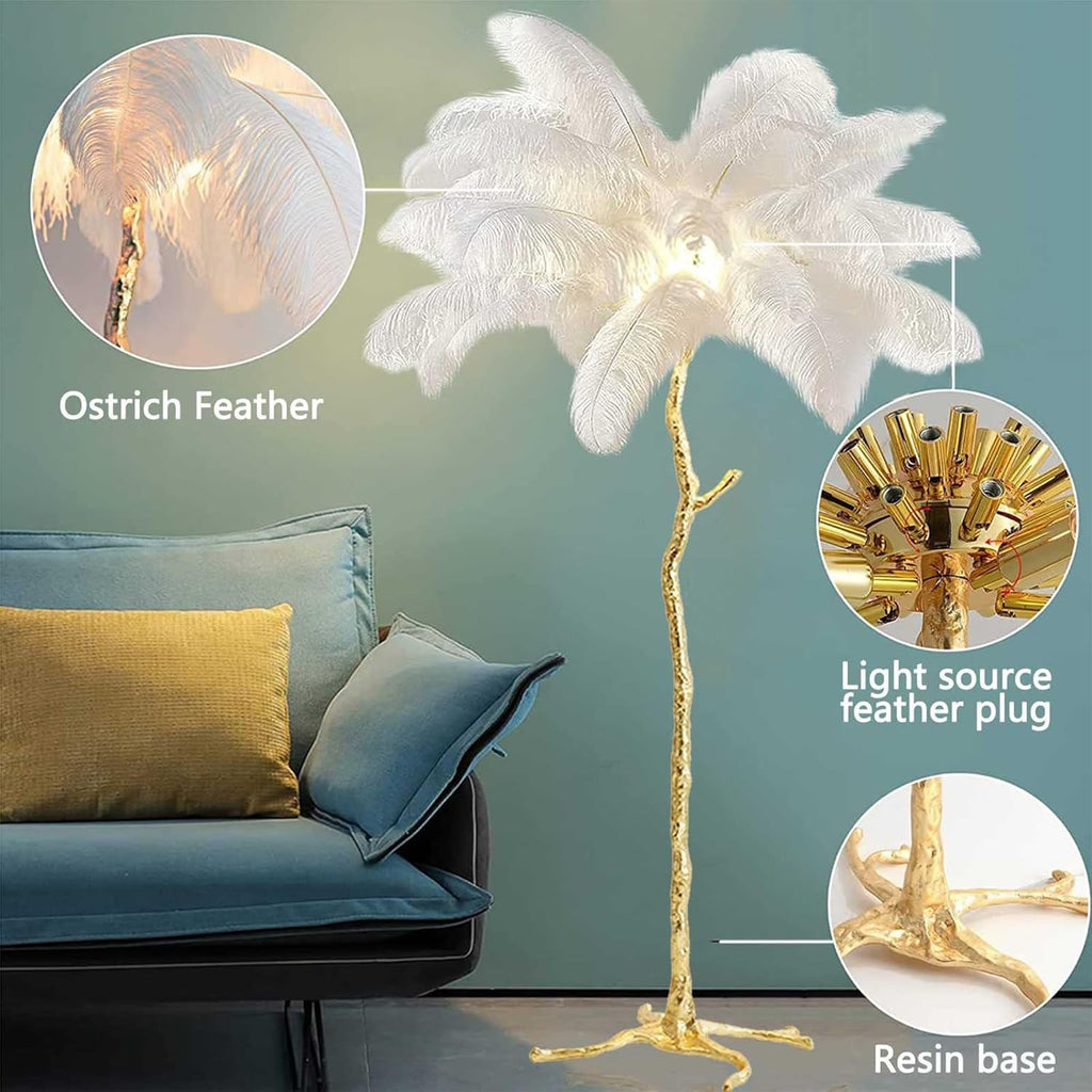 White Ostrich Feather Floor Lamp, Luxury Resin Ostrich Feather Lamp,Romantic Standing Lamp for Living Room Sofa Bedside Bedroom and Office(New)