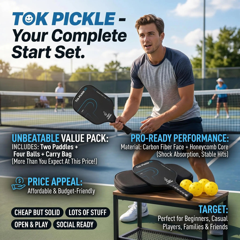 Tok Pickle T300 Carbon Fiber Pickleball Paddle Set - 2 Paddles, Wide Body, Large Sweet Spot, 4 Balls, Carry Bag, for Beginners & Family Players
