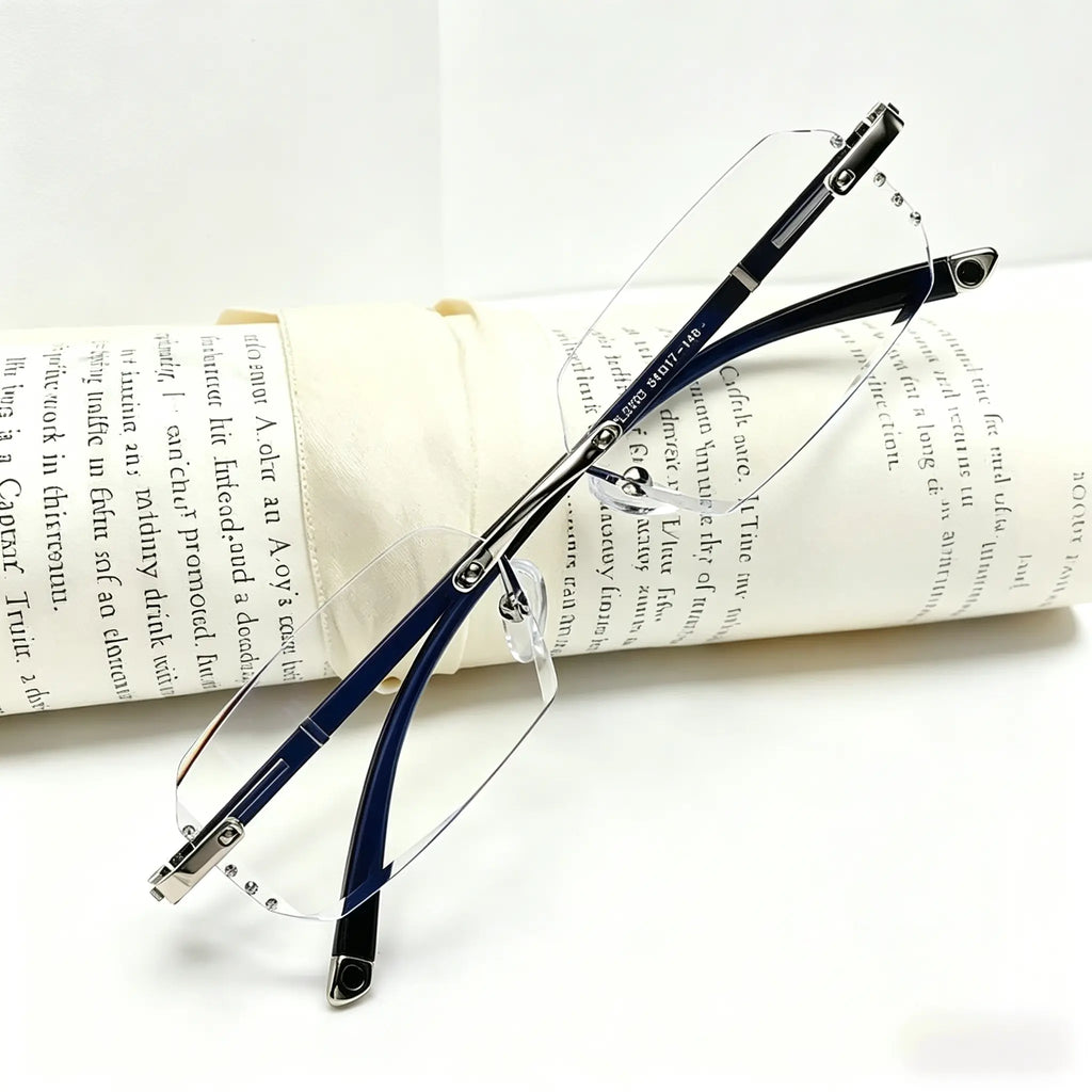 Frameless Blue Blocking Reading Glasses – Sleek Metal Accents, All-Day Comfort for Men & Women – Work, Game, or Chill