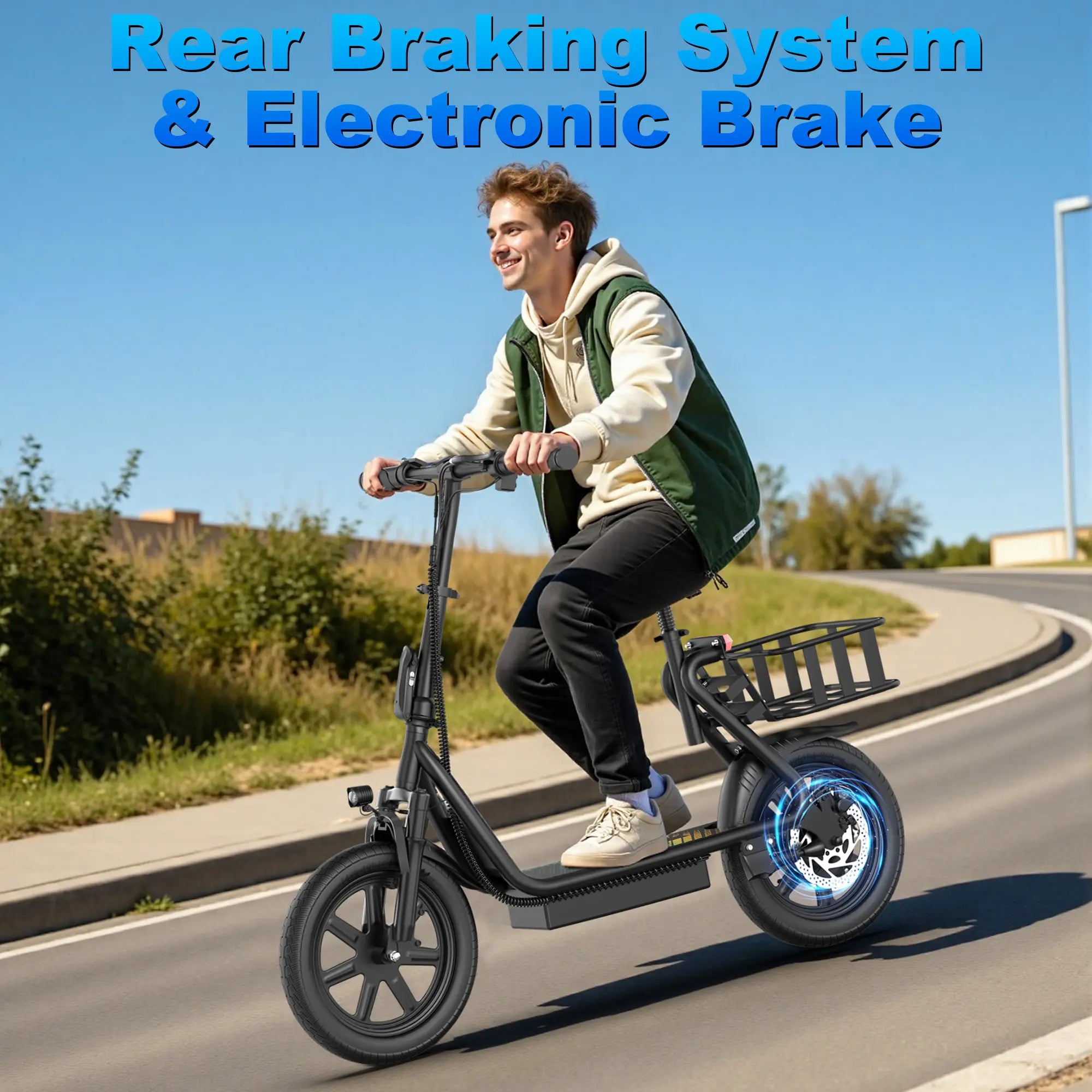 Electric Scooter for Adults with Seat,48V 10.4Ah Battery, Top Speed 22 Mph, Driving Range 21-27 Miles, Pet-Friendly Design with Rear Basket
