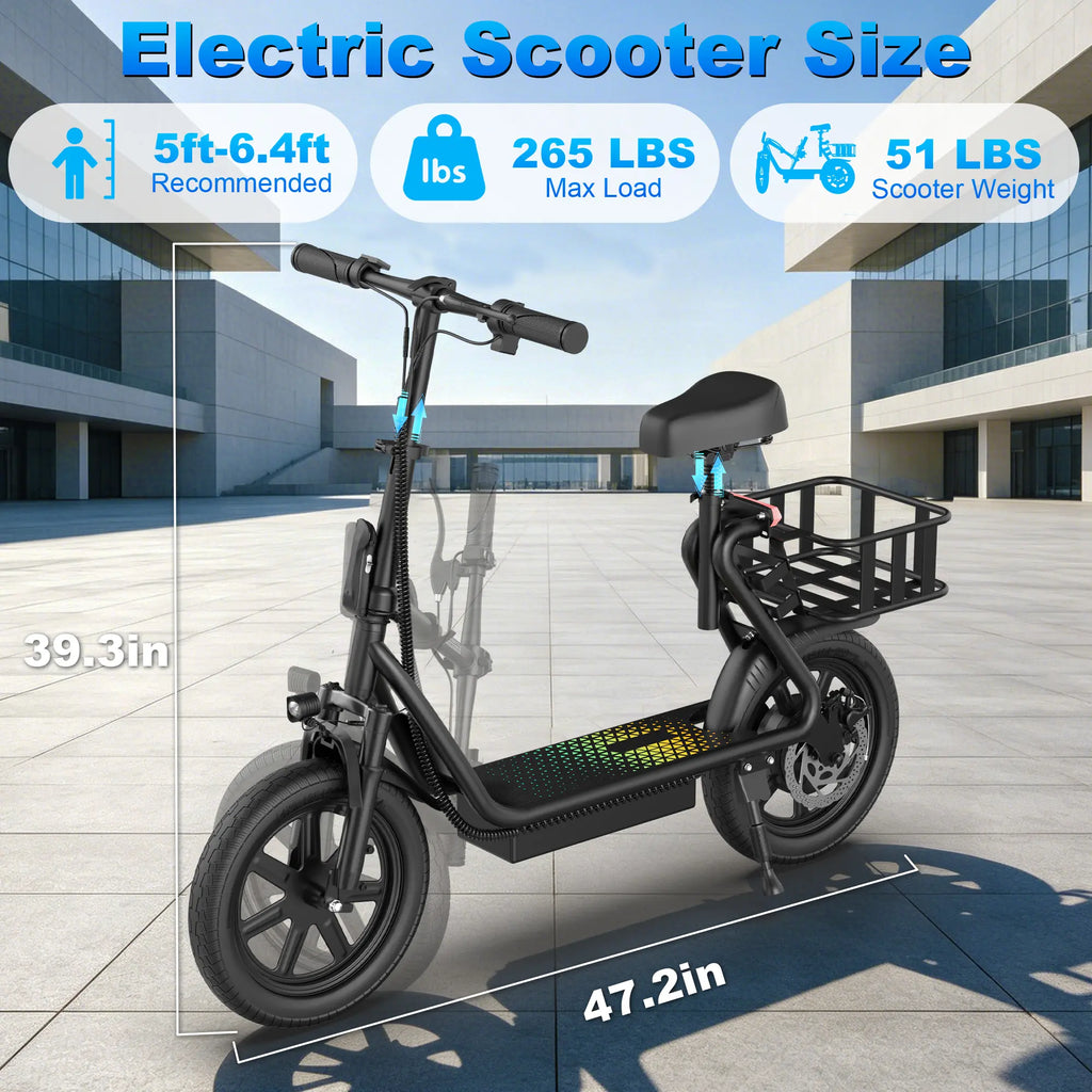 Electric Scooter for Adults with Seat,48V 10.4Ah Battery, Top Speed 22 Mph, Driving Range 21-27 Miles, Pet-Friendly Design with Rear Basket