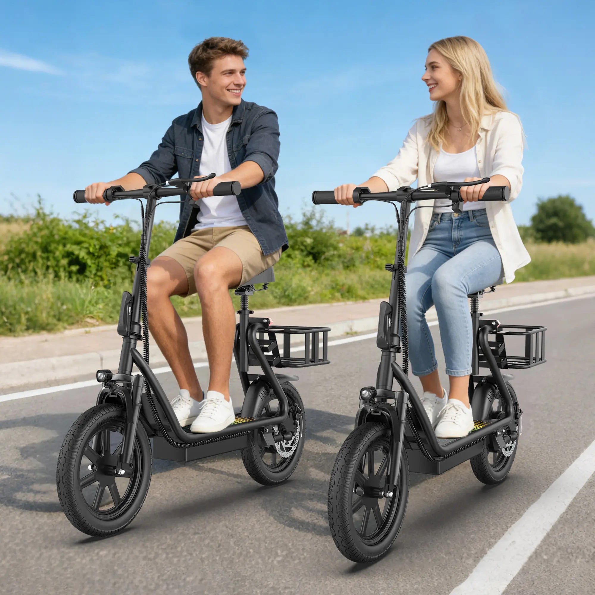 Electric Scooter for Adults with Seat,48V 10.4Ah Battery, Top Speed 22 Mph, Driving Range 21-27 Miles, Pet-Friendly Design with Rear Basket