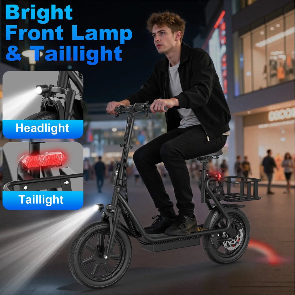 Electric Scooter for Adults with Seat,48V 10.4Ah Battery, Top Speed 22 Mph, Driving Range 21-27 Miles, Pet-Friendly Design with Rear Basket