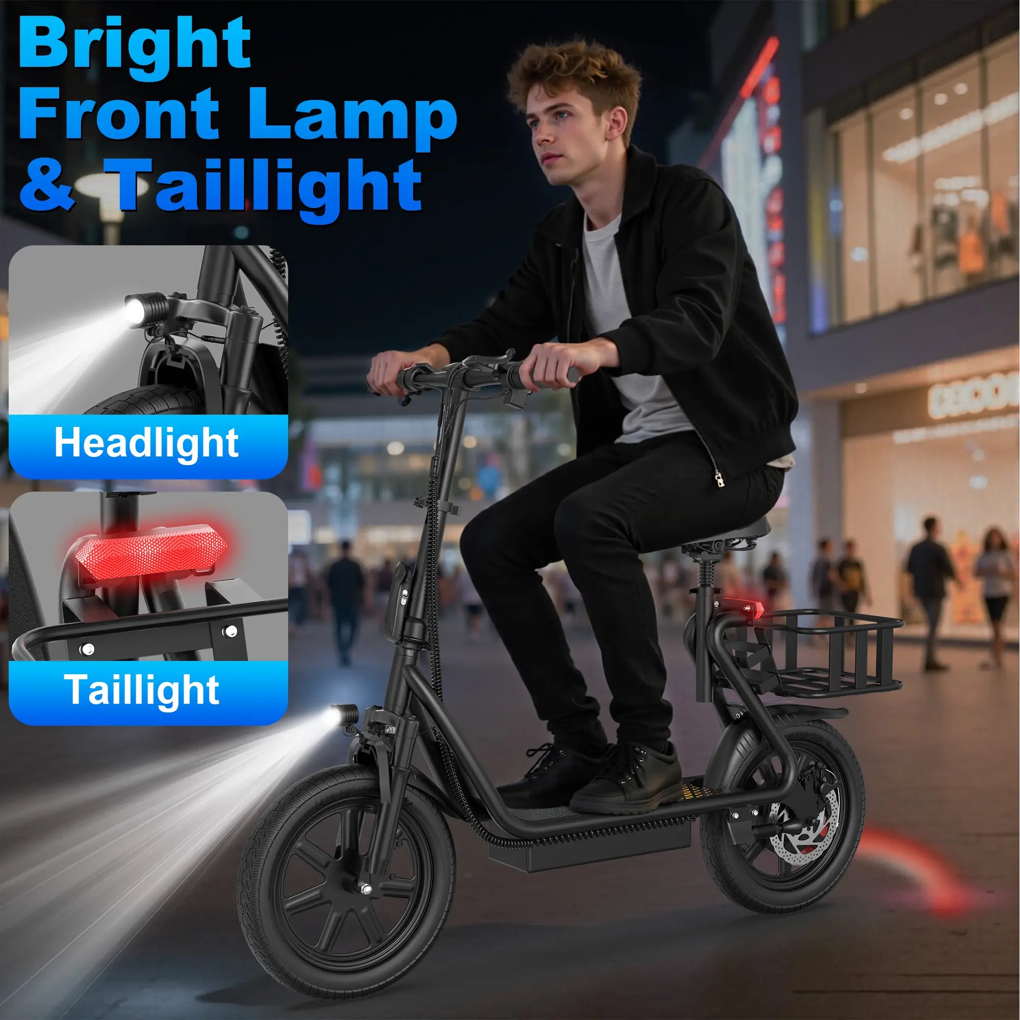 Electric Scooter for Adults with Seat,48V 10.4Ah Battery, Top Speed 22 Mph, Driving Range 21-27 Miles, Pet-Friendly Design with Rear Basket