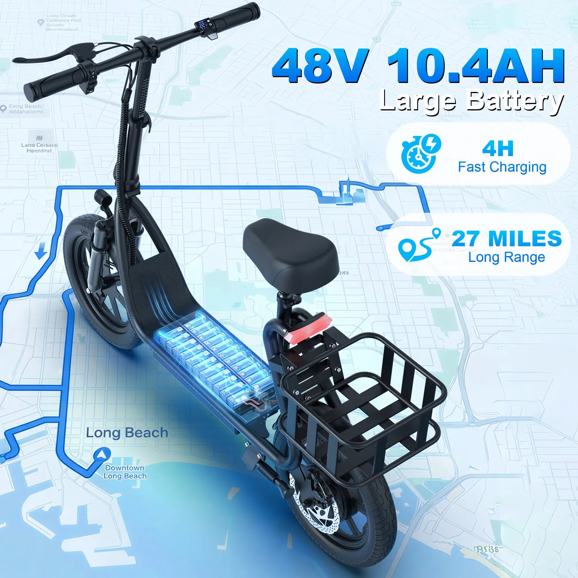 Electric Scooter for Adults with Seat,48V 10.4Ah Battery, Top Speed 22 Mph, Driving Range 21-27 Miles, Pet-Friendly Design with Rear Basket