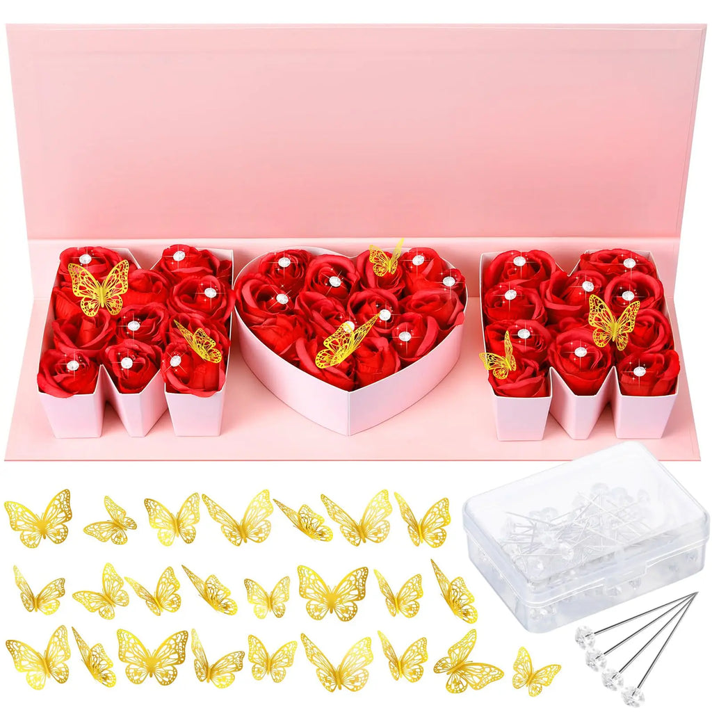 Mother'S Day MOM Empty Flower Gift Box Letter Shaped Fillable MOM Gift Box with Plastic Liners 24 Gold Butterfly Decor 50 Bouquet Flower Pins DIY Craft Gift Set for Valentine Birthday