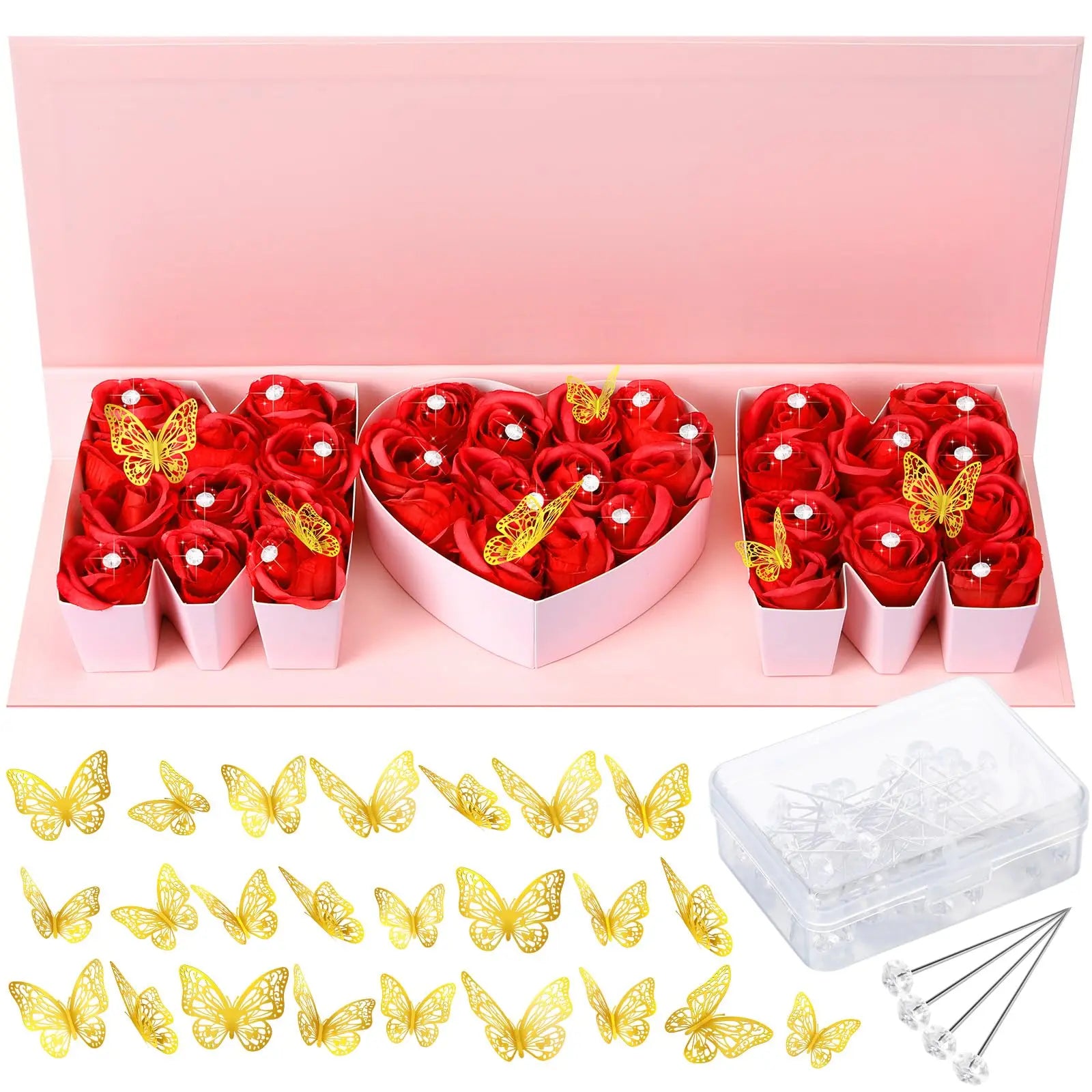 Mother'S Day MOM Empty Flower Gift Box Letter Shaped Fillable MOM Gift Box with Plastic Liners 24 Gold Butterfly Decor 50 Bouquet Flower Pins DIY Craft Gift Set for Valentine Birthday