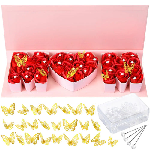 Mother'S Day MOM Empty Flower Gift Box Letter Shaped Fillable MOM Gift Box with Plastic Liners 24 Gold Butterfly Decor 50 Bouquet Flower Pins DIY Craft Gift Set for Valentine Birthday