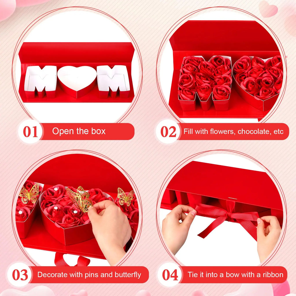 Mother'S Day MOM Empty Flower Gift Box Letter Shaped Fillable MOM Gift Box with Plastic Liners 24 Gold Butterfly Decor 50 Bouquet Flower Pins DIY Craft Gift Set for Valentine Birthday