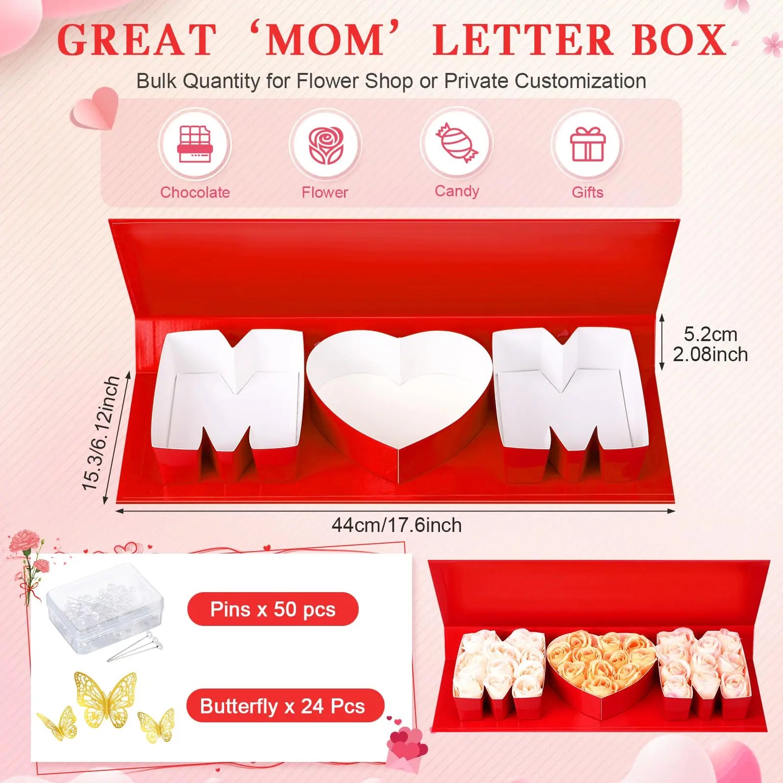 Mother'S Day MOM Empty Flower Gift Box Letter Shaped Fillable MOM Gift Box with Plastic Liners 24 Gold Butterfly Decor 50 Bouquet Flower Pins DIY Craft Gift Set for Valentine Birthday