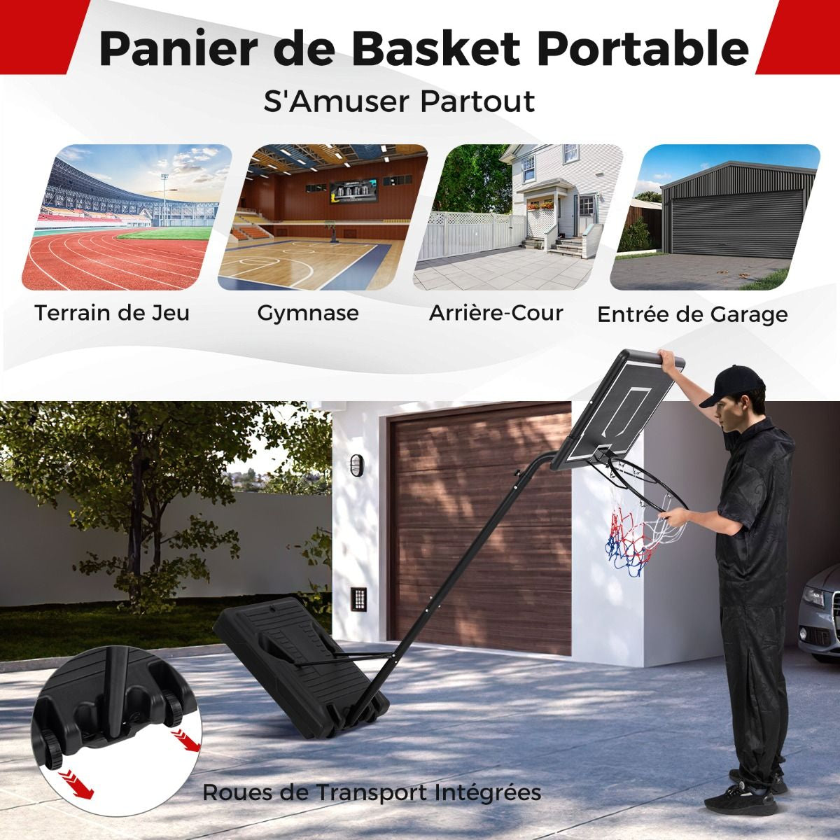Panier De Basket-Ball Sur Pied Hauteur 210-260Cm Support De Basketball Mobile Avec Base Remplissable Panneau Arrière En PC Et Roues