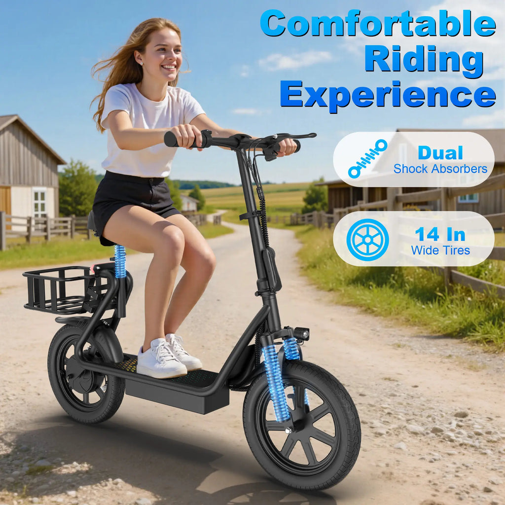 Electric Scooter for Adults with Seat,48V 10.4Ah Battery, Top Speed 22 Mph, Driving Range 21-27 Miles, Pet-Friendly Design with Rear Basket
