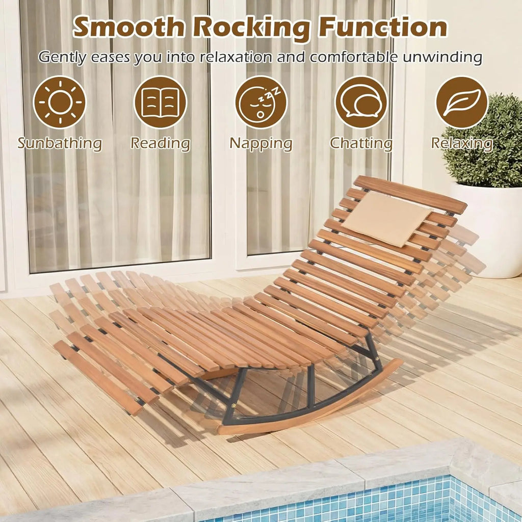 COSTWAY Outdoor Rocking Chaise, Lounge Acacia Wood Patio Lounger with Slatted Seat & S-Shaped Design, Rocking Sun Lounge with Padded Headrest, for Backyard Poolside Garden Outdoorfun