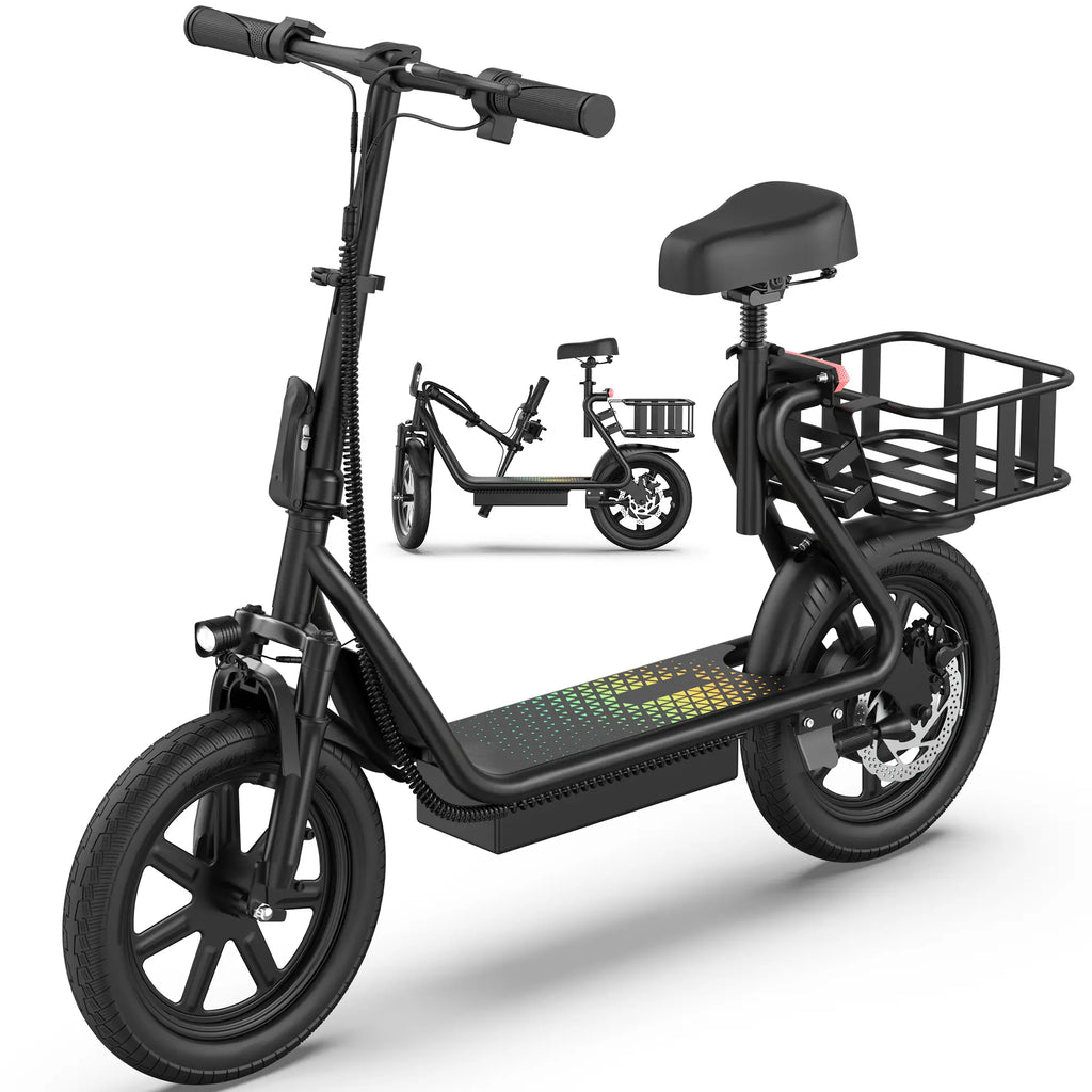Electric Scooter for Adults with Seat,48V 10.4Ah Battery, Top Speed 22 Mph, Driving Range 21-27 Miles, Pet-Friendly Design with Rear Basket